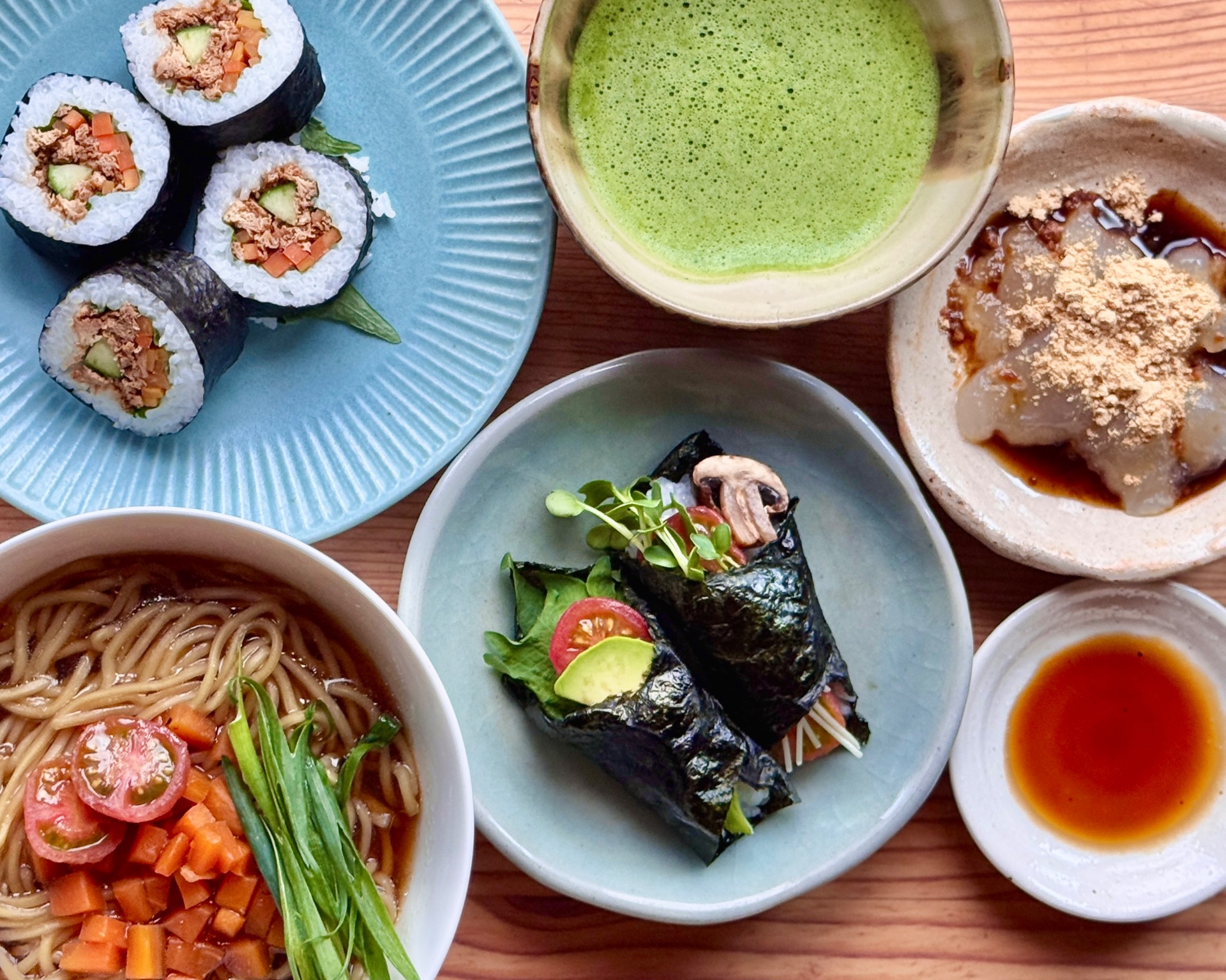 Vegan Ramen & Maki Sushi & Temaki Sushi with Matcha & Wagashi