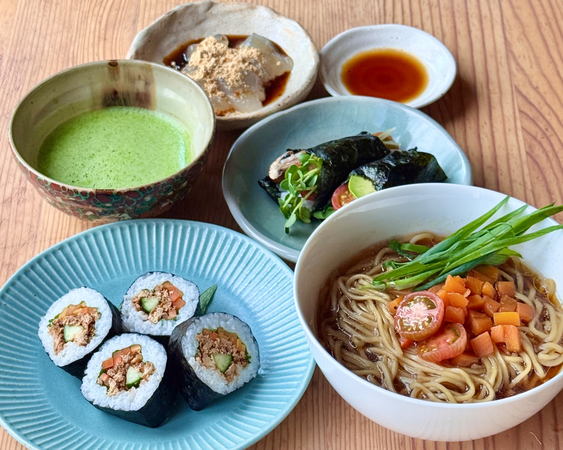 Vegan Ramen & Maki Sushi & Temaki Sushi with Matcha & Wagashi