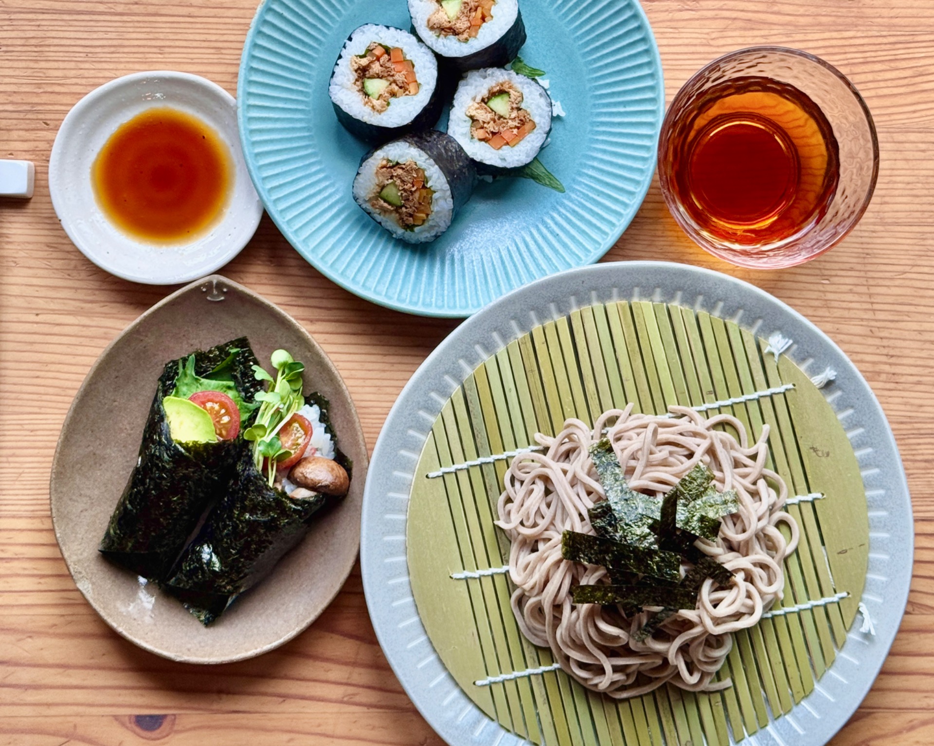 Vegan Zaru Soba (Chilled Soba Noodles) & Maki Sushi & Temaki Sushi