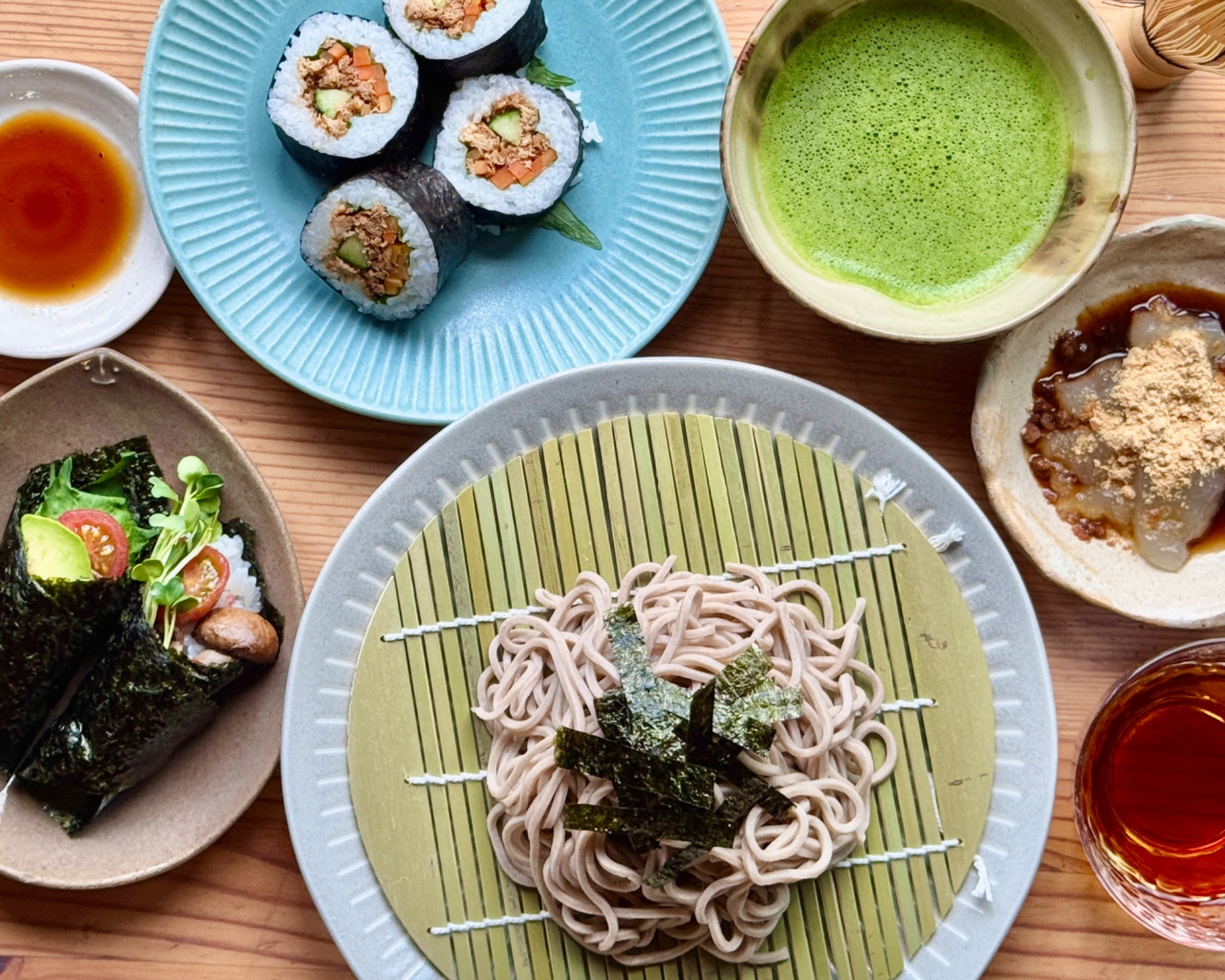 Vegan Zaru Soba (Chilled Soba Noodles) & Maki Sushi & Temaki Sushi with Matcha & Wagashi