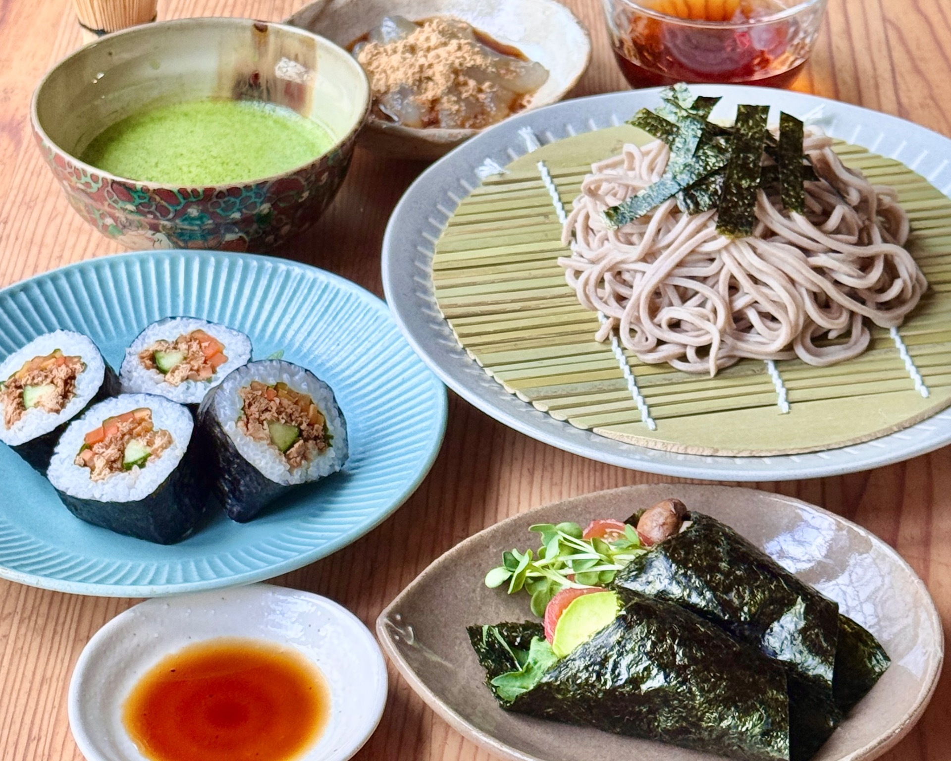 Vegan Zaru Soba (Chilled Soba Noodles) & Maki Sushi & Temaki Sushi with Matcha & Wagashi