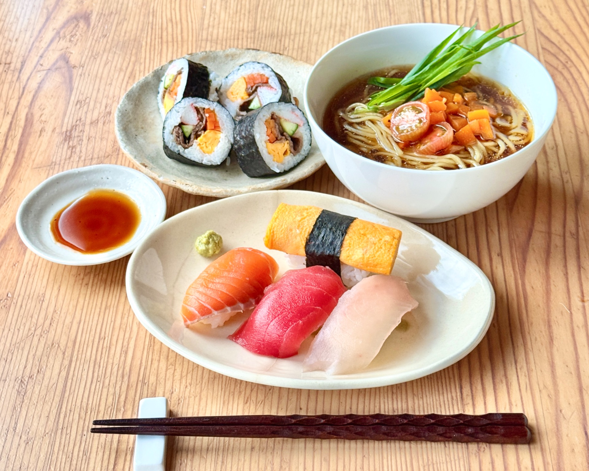 Shoyu Ramen & Nigiri Sushi & Wagyu Maki Sushi