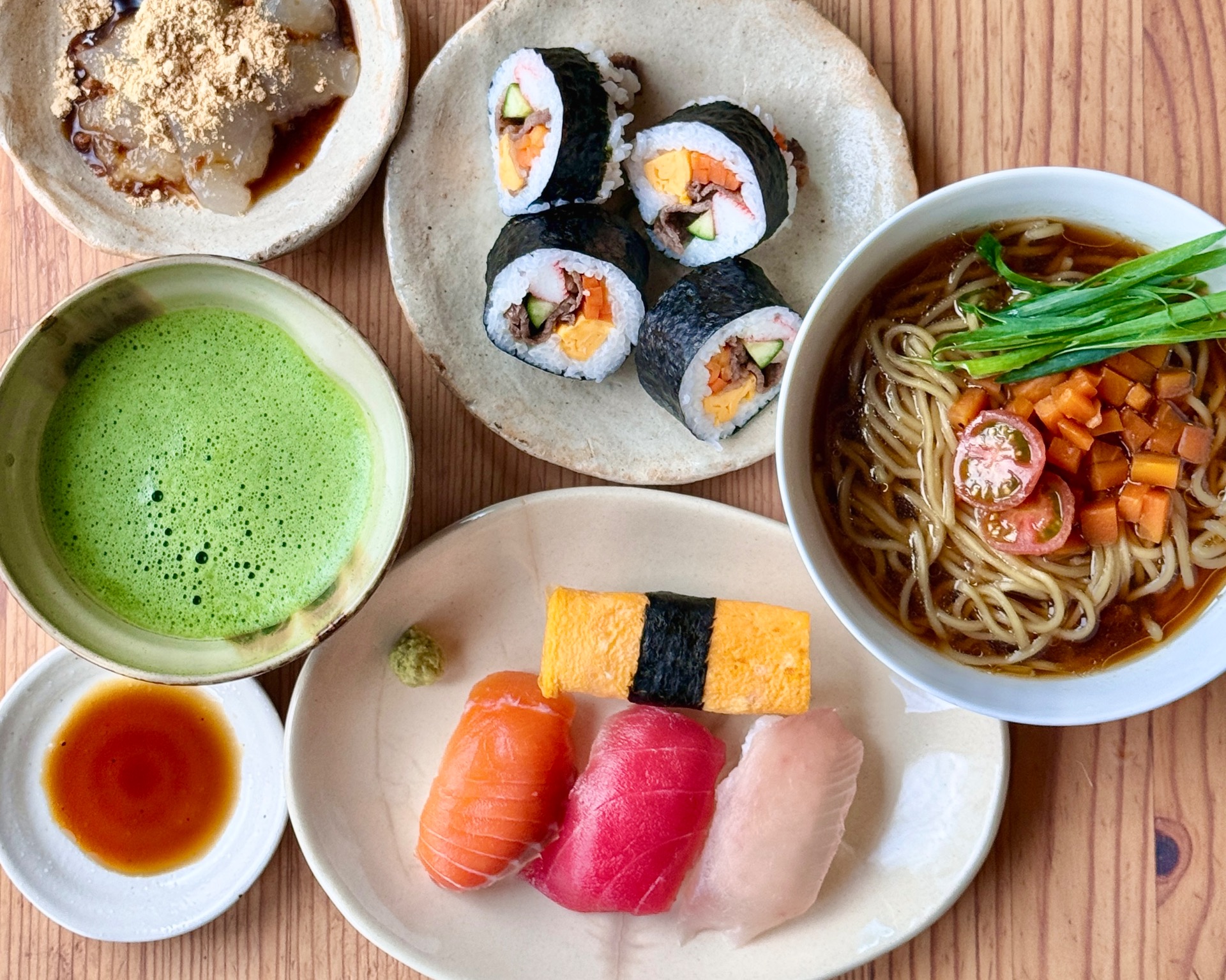 Shoyu Ramen & Nigiri Sushi & Wagyu Maki Sushi with Matcha & Wagashi