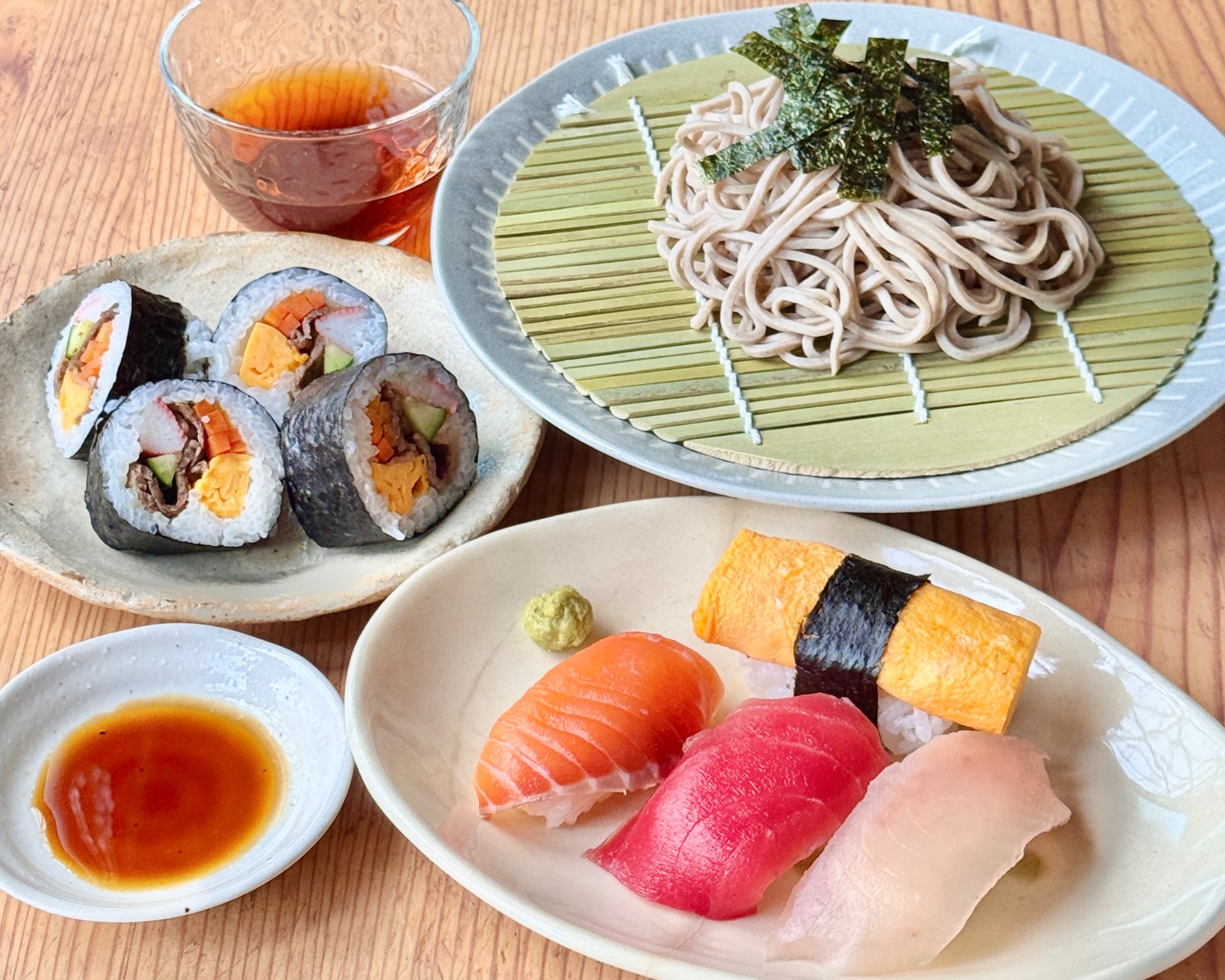 Zaru Soba (Chilled Soba Noodles) & Nigiri Sushi & Wagyu Maki Sushi 