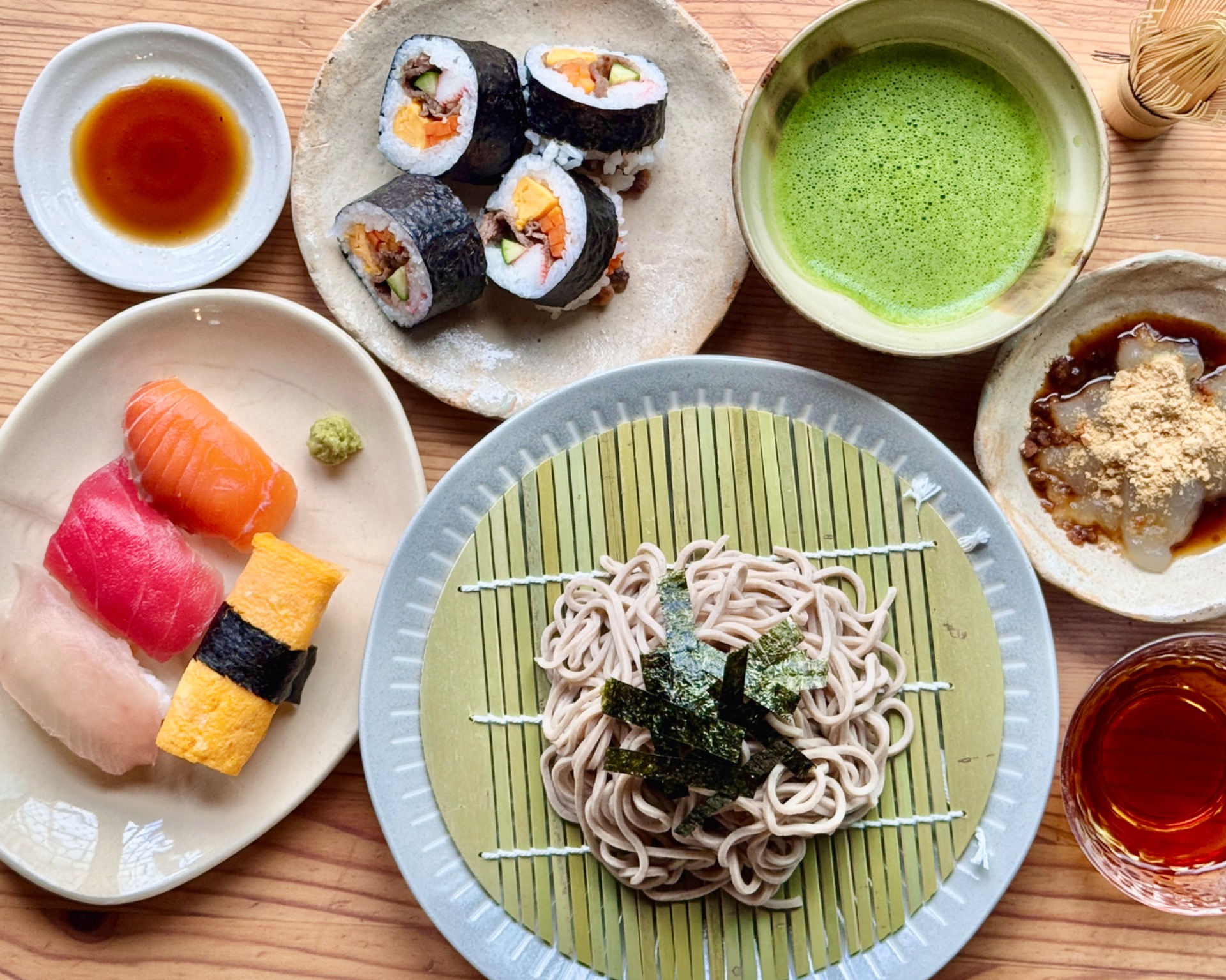 Zaru Soba (Chilled Soba Noodles) & Nigiri Sushi & Wagyu Maki Sushi with Matcha & Wagashi