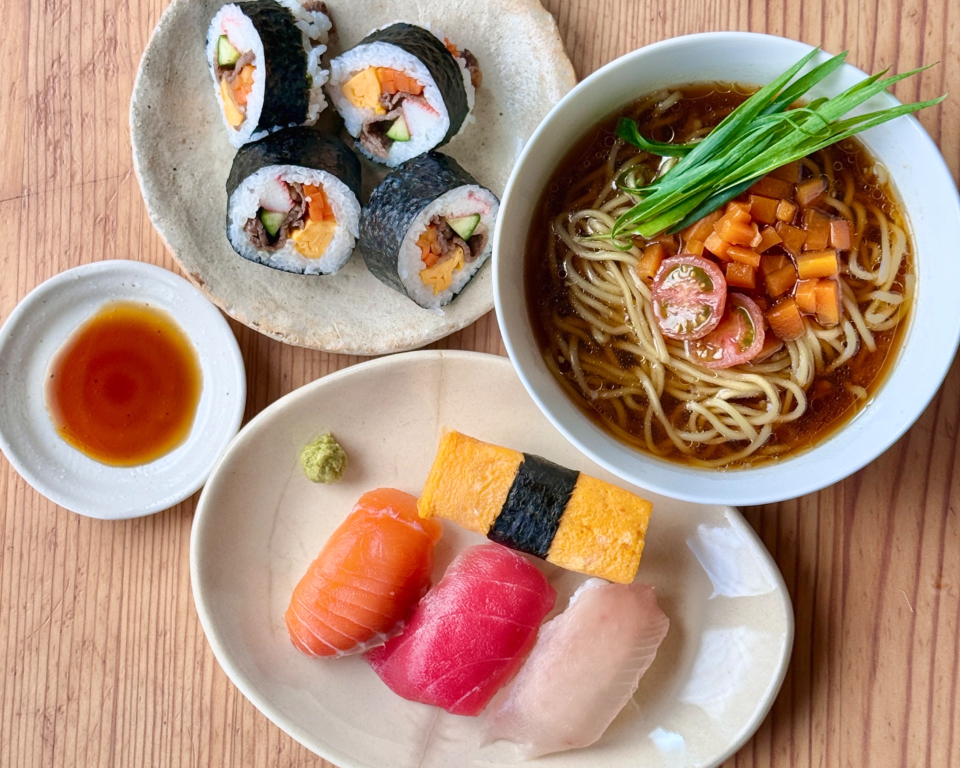 Shoyu Ramen & Nigiri Sushi & Wagyu Maki Sushi 