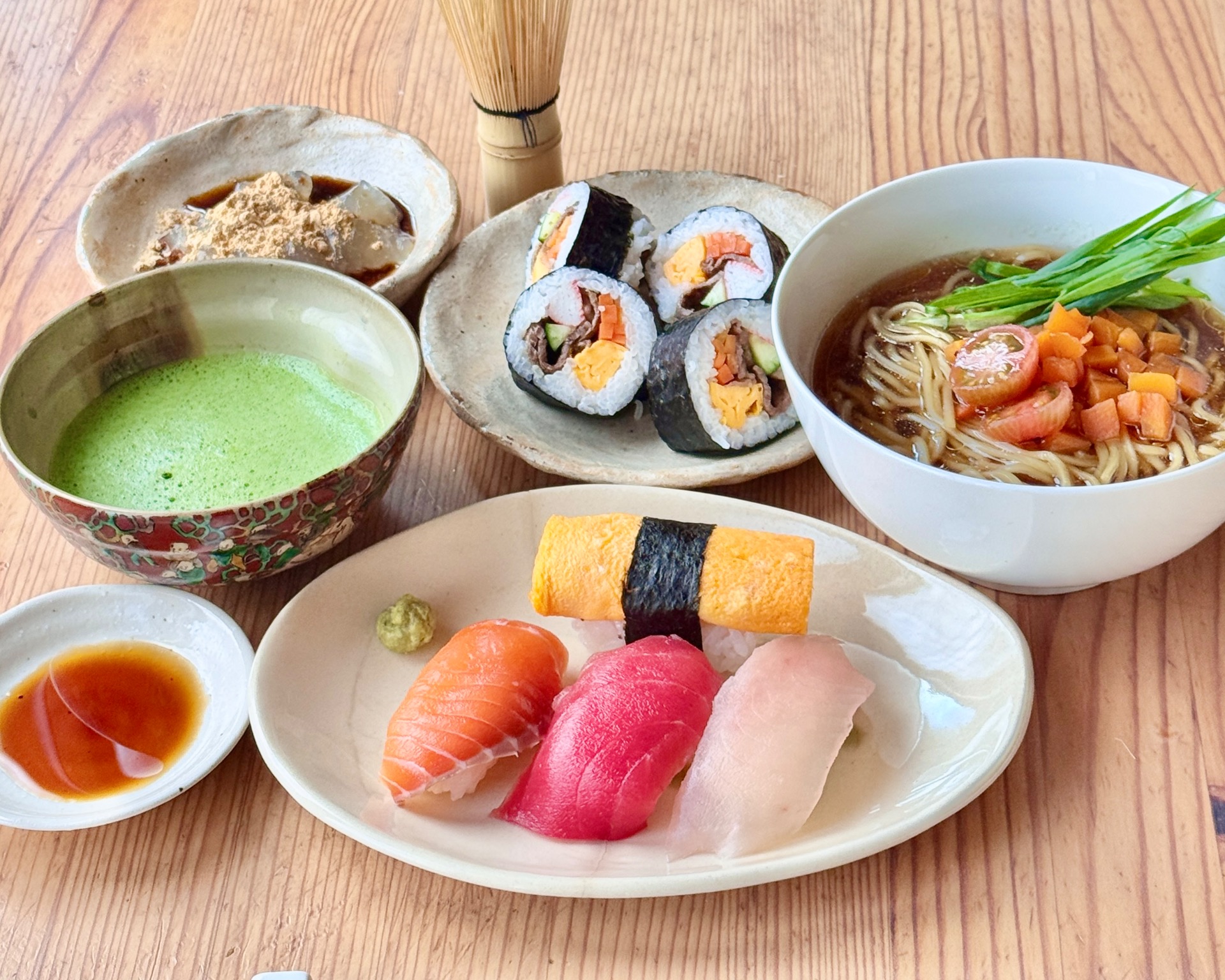 Shoyu Ramen & Nigiri Sushi & Wagyu Maki Sushi with Matcha & Wagashi
