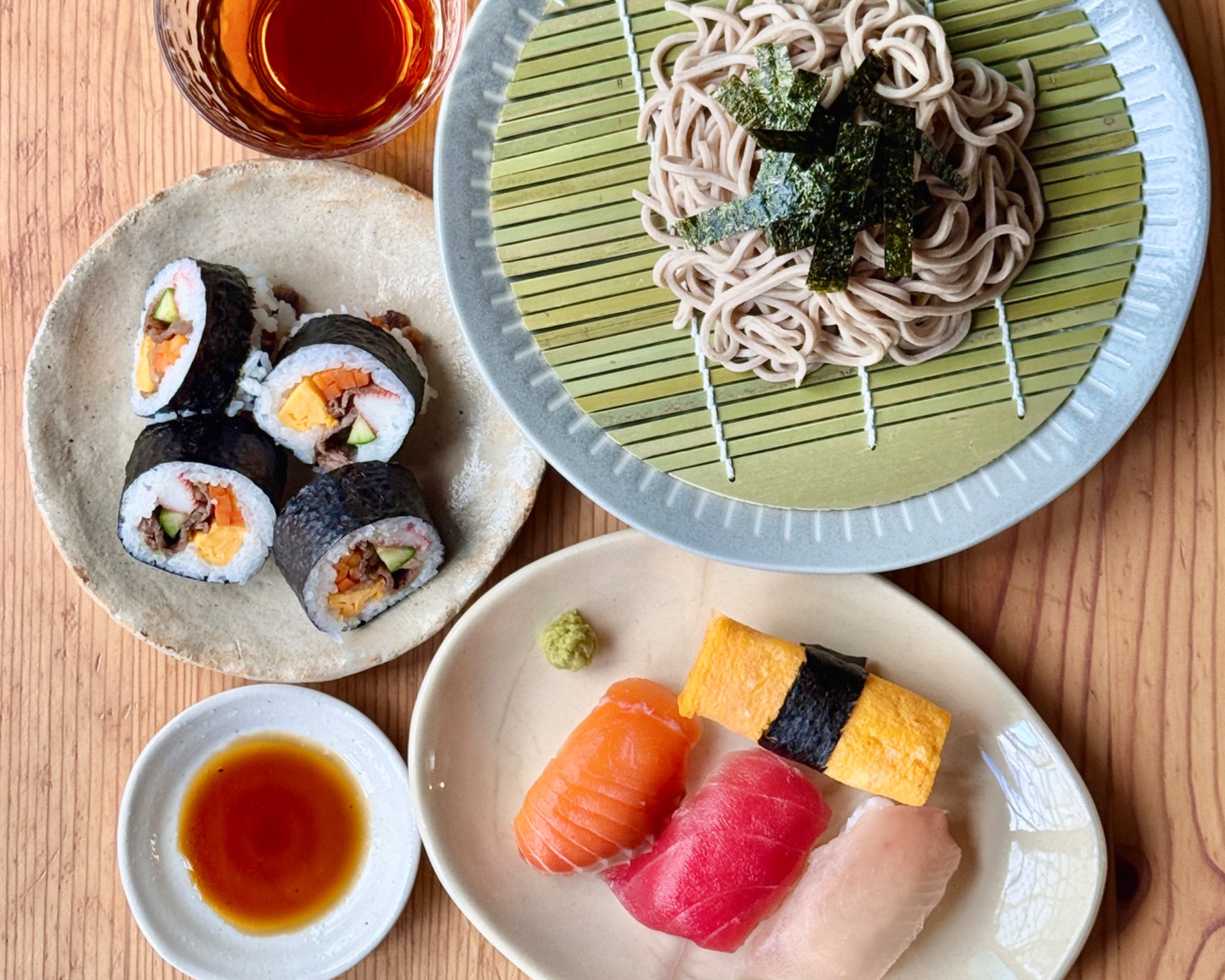 Zaru Soba (Chilled Soba Noodles) & Nigiri Sushi & Wagyu Maki Sushi 