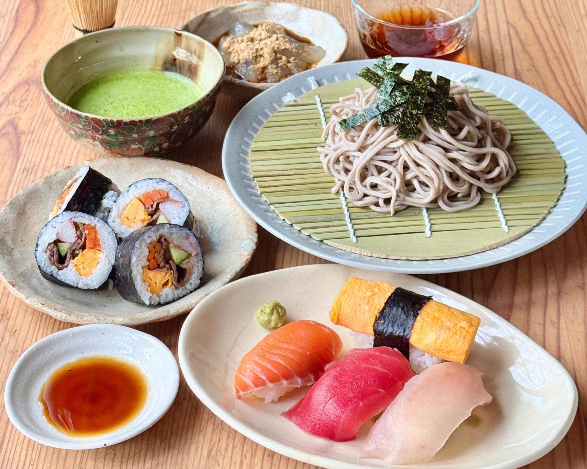 Zaru Soba (Chilled Soba Noodles) & Nigiri Sushi & Wagyu Maki Sushi with Matcha & Wagashi