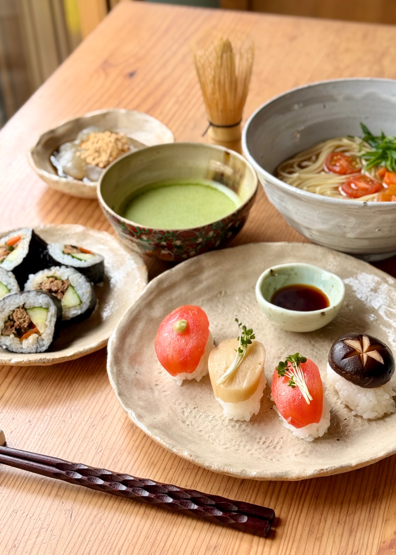 Vegan Soy Sauce Ramen & Sushi & Matcha